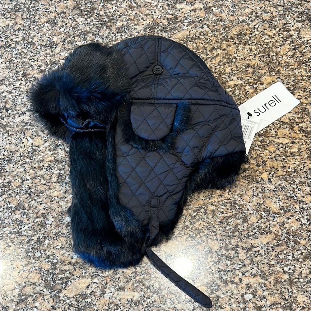 Surell Quilted Black Fur Trapper Hat